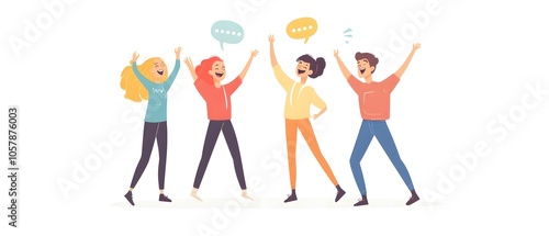 A group of cheerful friends celebrating and chatting together with bright expressions and uplifting speech bubbles.