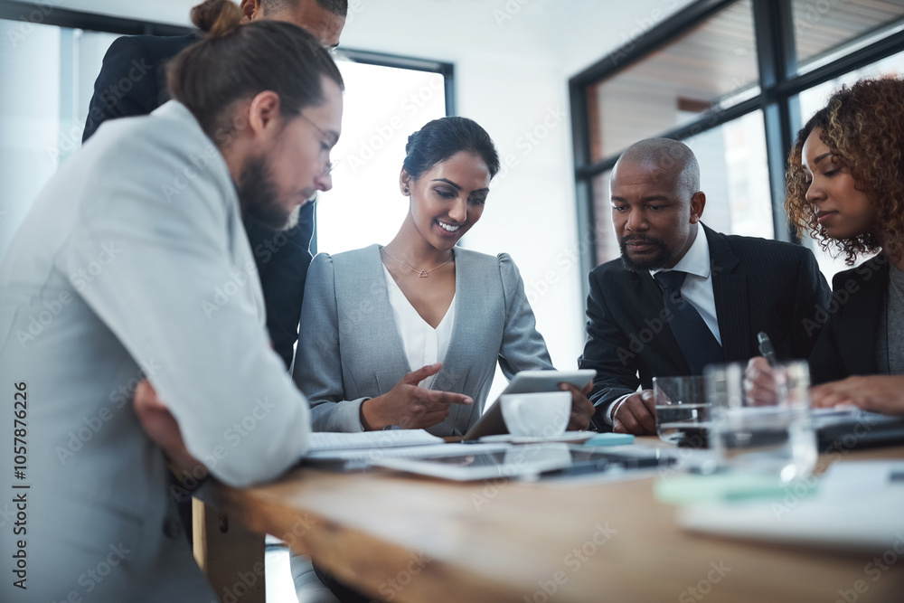 Tablet, corporate and business people in office for meeting, website review and planning. Teamwork, professional and workers on digital tech in boardroom for feedback, online project or collaboration