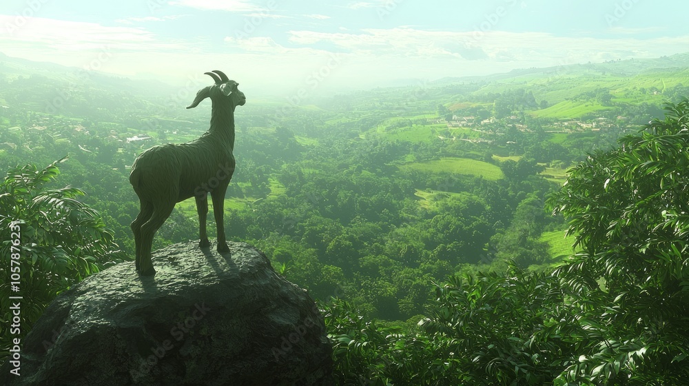 Fototapeta premium Majestic Goat Overlooking Lush Valley - Adventure and Exploration in Livestock Life