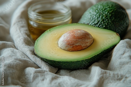 Fresh avocado and glass jar of green liquid on soft fabric in natural light
