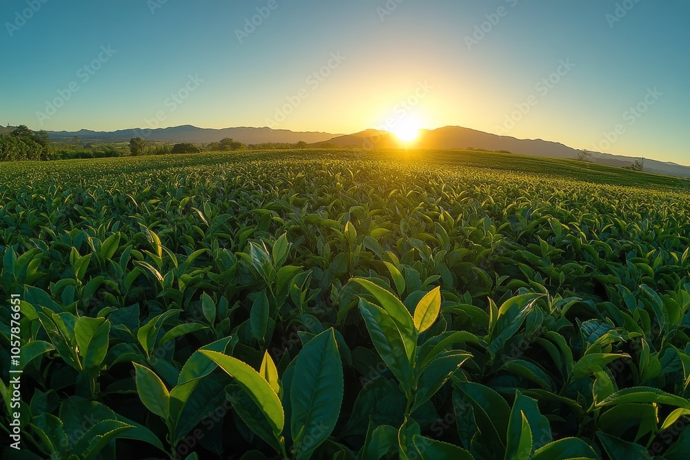 Morning sunlight shines over a lush green tea plantation in the mountains at dawn Morning sunlight shines over a lush green tea plantation in the mountains at dawn