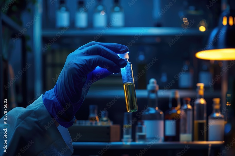 hand of scientist in blue glove with test tube and flask in medical chemistry lab banner background