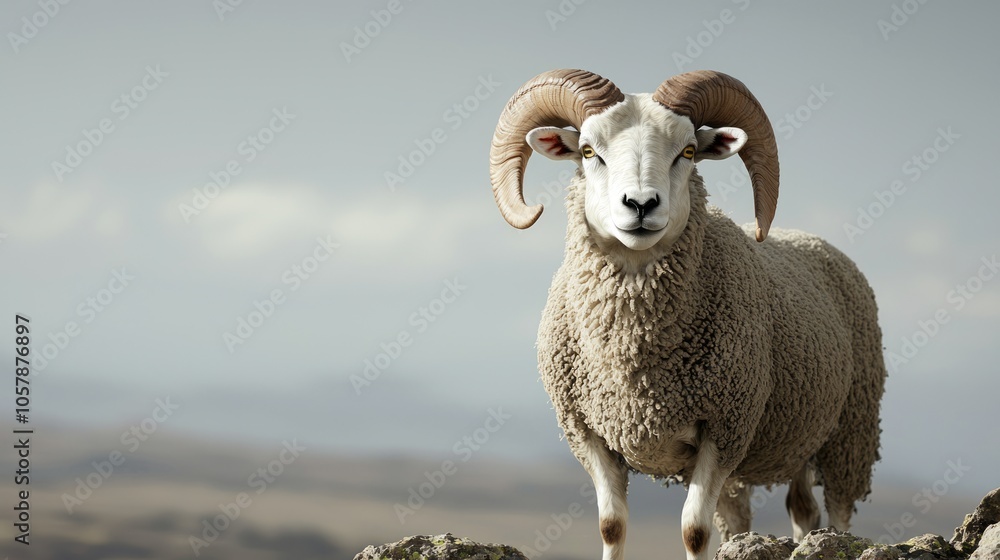 Naklejka premium Majestic Ram: Fierce Livestock Portrait in Rugged Landscape