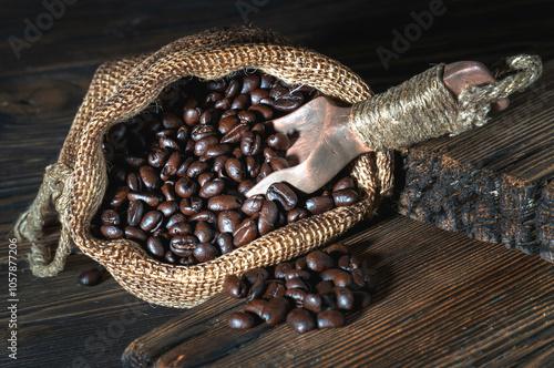 roasted coffee on a dark background. still life