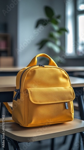 Bright yellow backpack resting on the floor of an empty classroom during dayl...