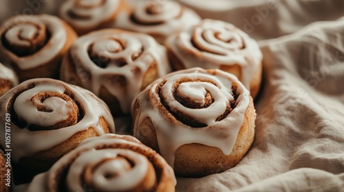 Delicious cinnamon rolls covered in icing resting on linen cloth
