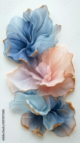Delicate blue and pink flowers adorned with gold accents create a beautiful b...