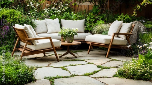  Living space with couch, chair, table, and potted plant centered in room