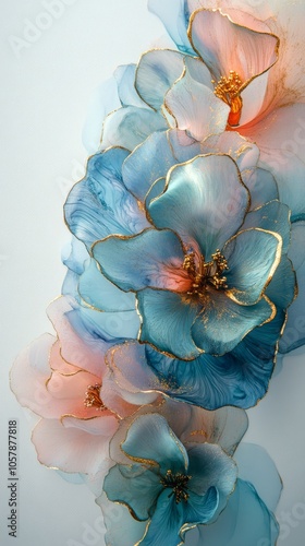 Delicate blue and pink flowers adorned with gold accents create a beautiful b...
