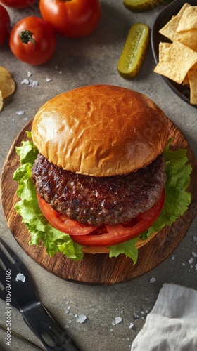 A delicious grilled hamburger with fresh lettuce and tomato on a wooden board...
