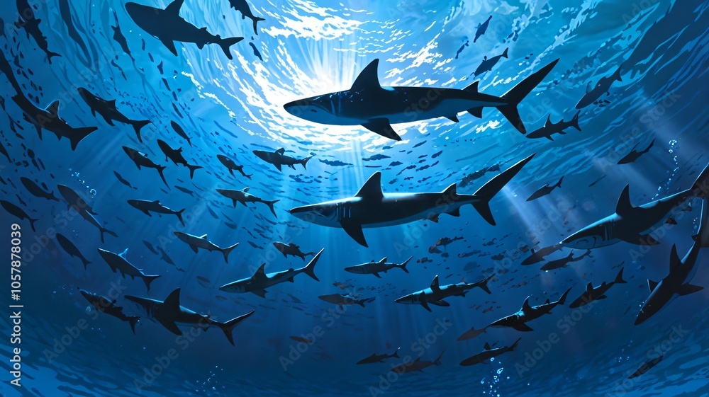 Obraz premium Shark Symphony: Ocean's Predators anime wallpaper background, print, merch,