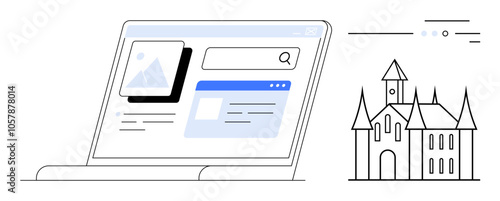 Laptop displaying search results with images and text adjacent outline of a castle. Ideal for education, architecture, historical research, tourism promotion, digital learning, online courses