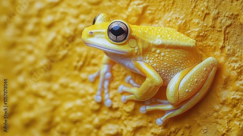 A close up view of a bright yellow tree frog resting on a yellow surface in n...