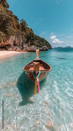 A wooden boat anchored in clear turquoise water on a serene beach under blue ...