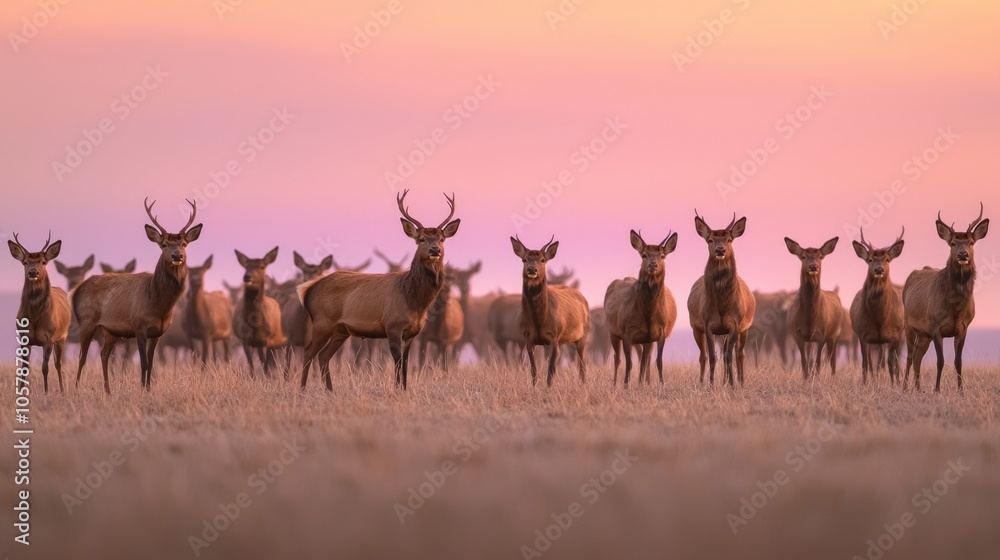 Fototapeta premium Serene Sunset Grazing: Tranquil Livestock Farm Landscape with Herd of Deer at Dusk
