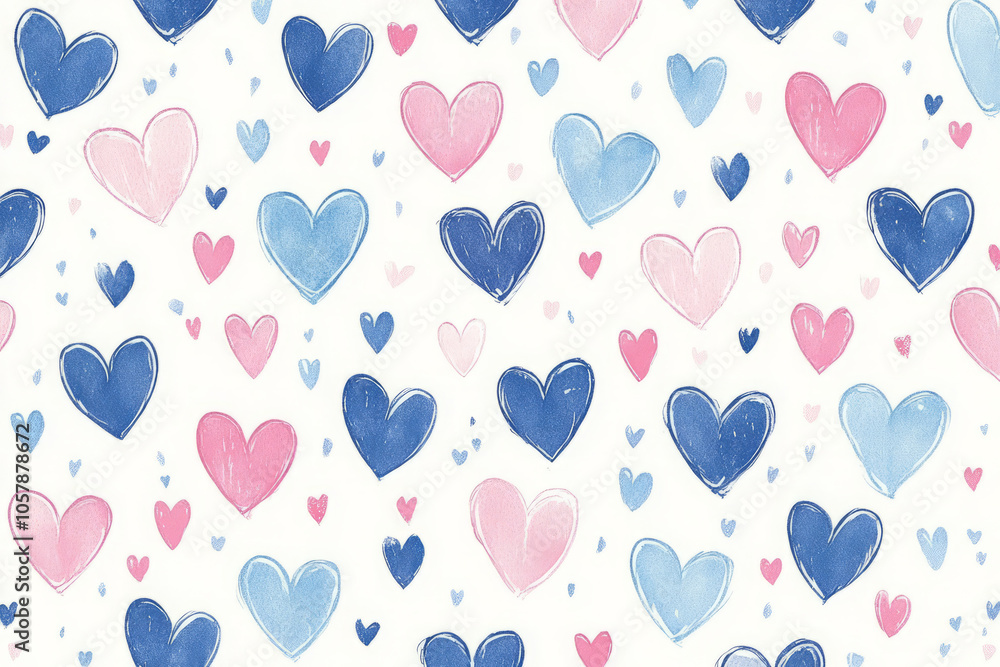 blue and pink hand-drawn hearts a romantic watercolor pattern for valentine's day