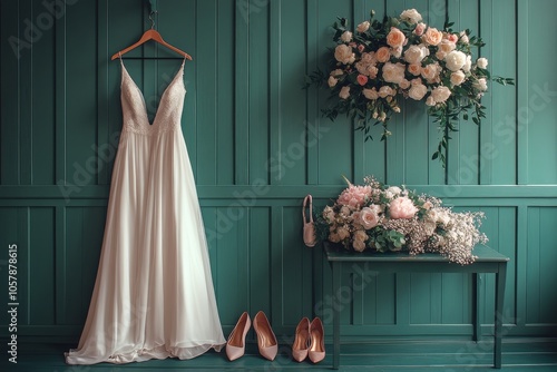 Elegant bridal gown displayed beside floral arrangement in a beautifully styl...