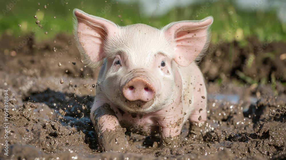 Vibrant Close-up of Playful Piglet Enjoying Mud on Livestock Farm Vibrant Close-up of Playful Piglet Enjoying Mud on Livestock Farm