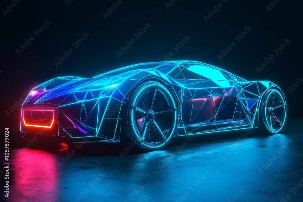 concept electric car made of blue neon 3D polygons concept electric car made of blue neon 3D polygons
