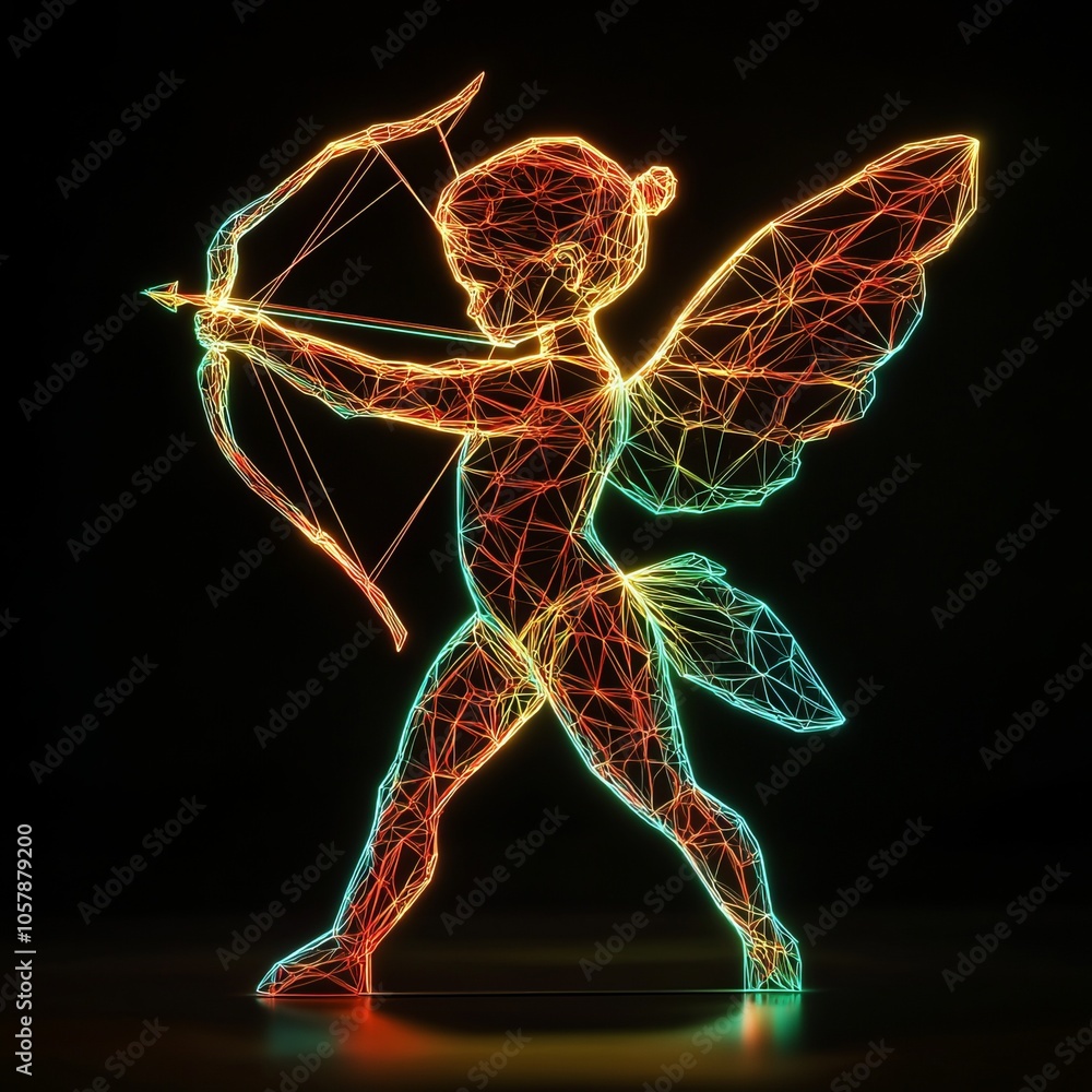 cupid made of neon triangular 3D polygons