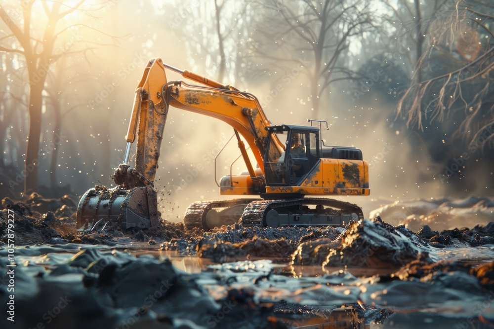 Crawler Excavator is digging with lift up in the construction site. Neural network ai generated art Crawler Excavator is digging with lift up in the construction site. Neural network ai generated art