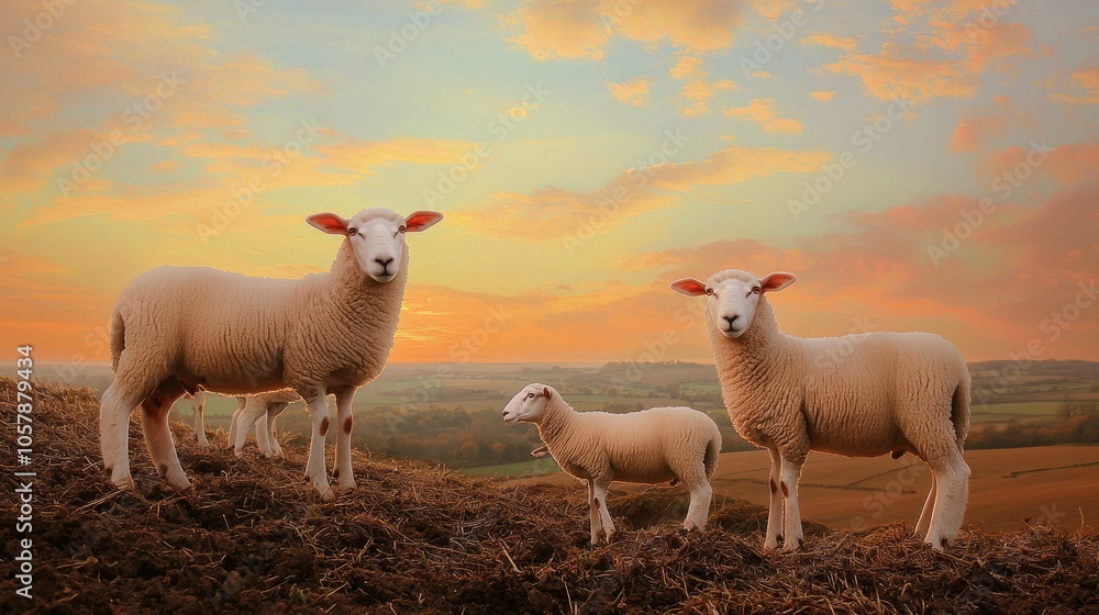 Fototapeta premium Serene Sunset Scene of Sheep Herd Grazing on Hillside in Golden Hour Light