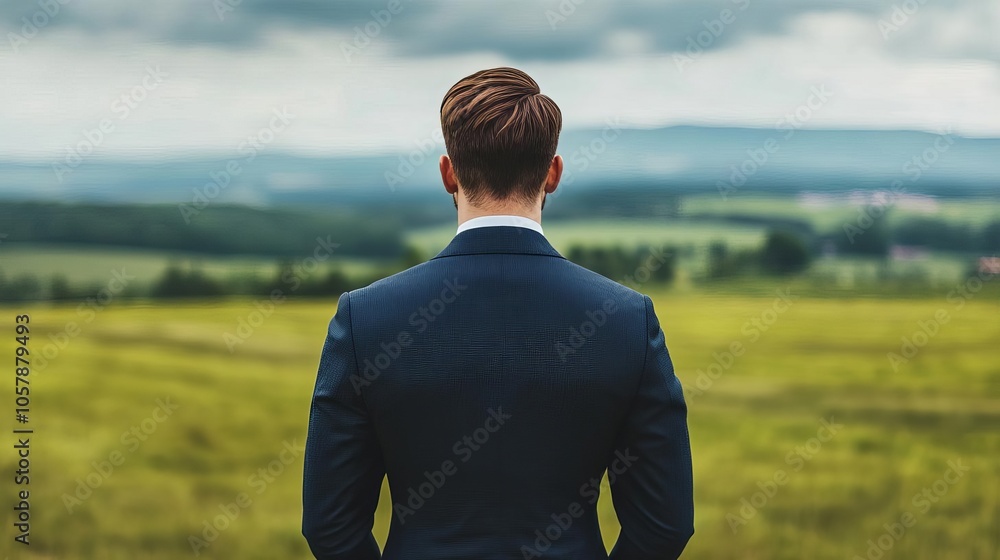 Fototapeta premium Investor wearing a suit in a rural setting, balance of formal and nature