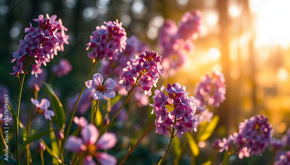 Spring flowering bloom wallpaper. Many lilac purple wild flowers in forest on glade glow in sun on a dark background macro soft focus. Spring templates, amazing magic artistic image isolated with wh Spring flowering bloom wallpaper. Many lilac purple wild flowers in forest on glade glow in sun on a dark background macro soft focus. Spring templates, amazing magic artistic image isolated with wh