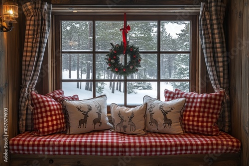 Cozy winter seating area with plaid decor overlooking a snowy landscape in a ...