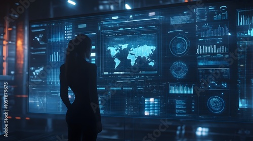 A silhouette of a person analyzing data on a futuristic digital screen displaying world maps and analytics in a tech environment.