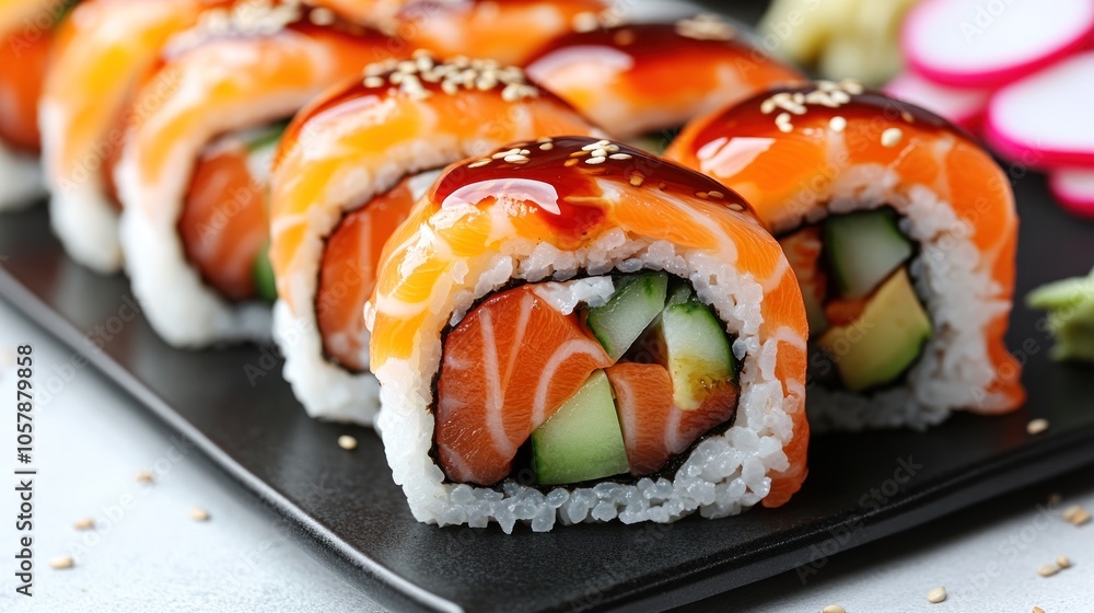 Deliciously crafted sushi rolls wrapped in salmon rest on a sleek black platter Deliciously crafted sushi rolls wrapped in salmon rest on a sleek black platter