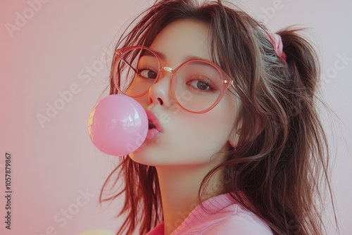 Young woman chewing bubble gum and wearing large round glasses against a past...