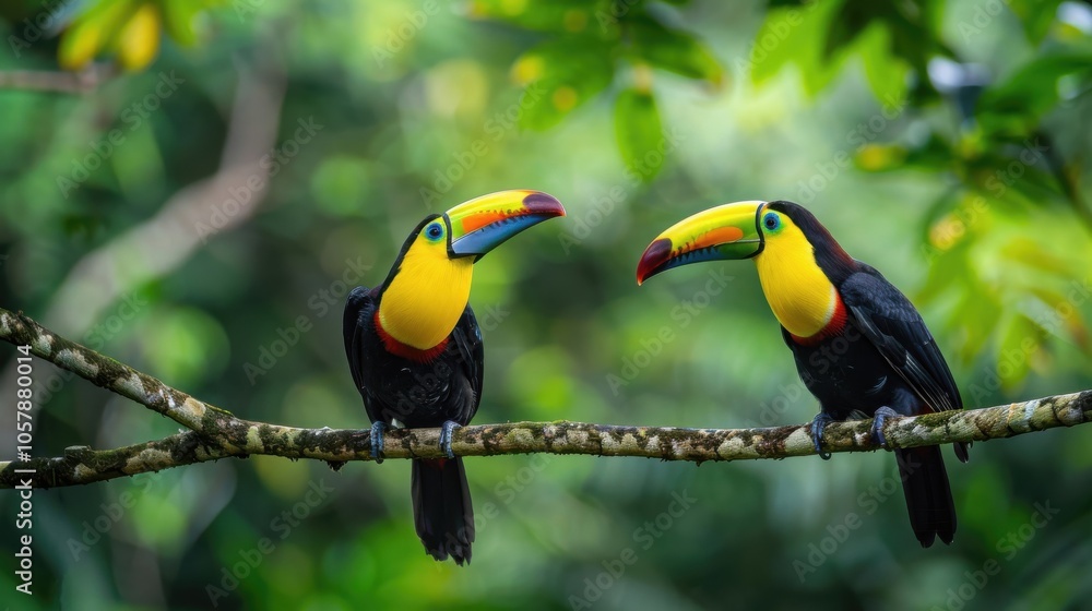 Naklejka premium A striking display of toucans brightens the lush foliage, their eye-catching colors harmonizing with the surrounding leaves.