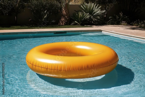Bright yellow inflatable ring floating in a sparkling swimming pool on a sunn...