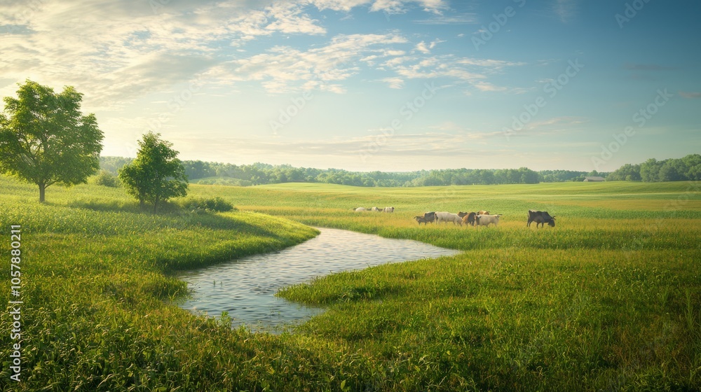 Serene Farm Life: Farmer Tending to Crops with Grazing Livestock in Harmony. Serene Farm Life: Farmer Tending to Crops with Grazing Livestock in Harmony.