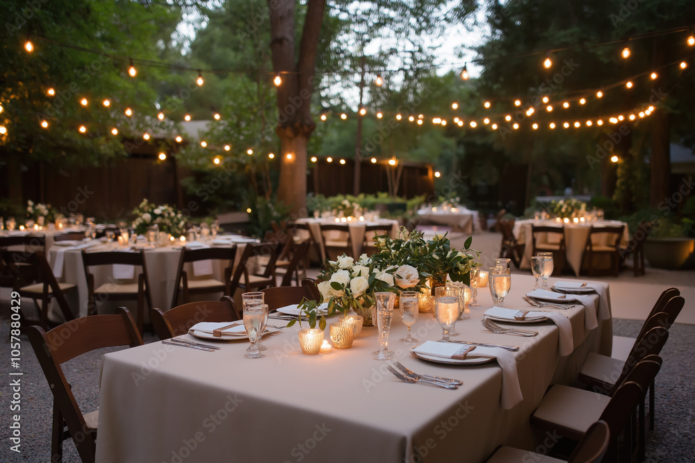 Obraz premium Elegant outdoor dinner setup with string lights in a garden during evening hours