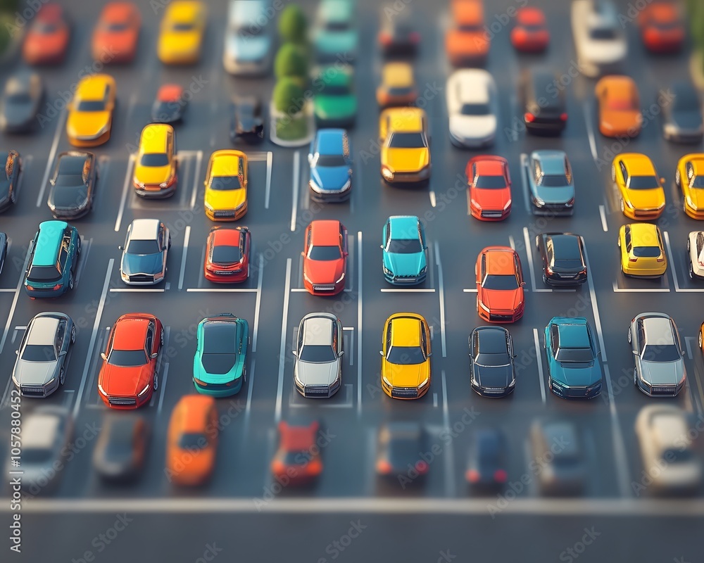 A vibrant aerial view of a bustling parking lot filled with various colored cars parked neatly in spaces. A vibrant aerial view of a bustling parking lot filled with various colored cars parked neatly in spaces.