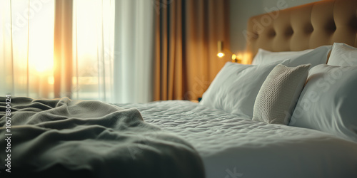 Clean and fragrant pillows with sheets and duvet in modern bedroom interior, hygiene and freshness concept. White and neutral color. photo