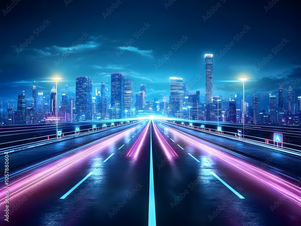 A vibrant city skyline illuminated at night, showcasing colorful lights and a futuristic road leading into the urban landscape. A vibrant city skyline illuminated at night, showcasing colorful lights and a futuristic road leading into the urban landscape.
