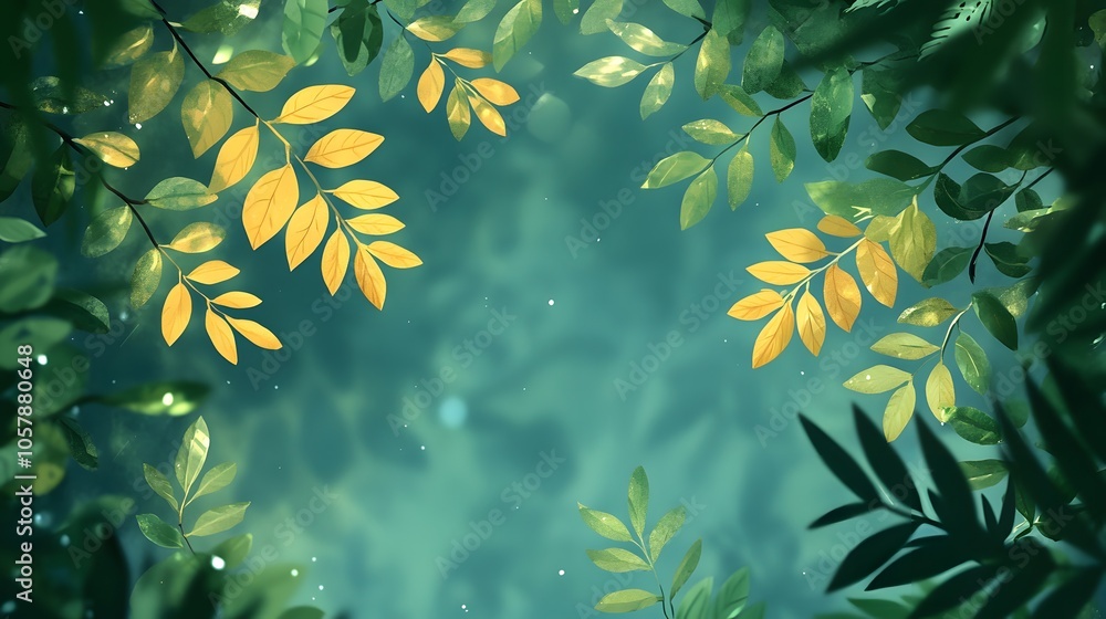 A leafy green background with a few leaves in the foreground. The leaves are yellow and the background is a light blue color A leafy green background with a few leaves in the foreground. The leaves are yellow and the background is a light blue color
