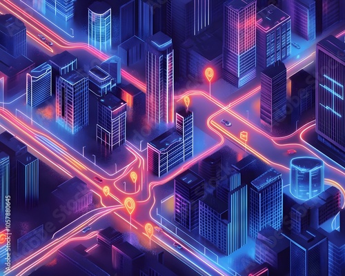 A vibrant cityscape illustration featuring neon lights and energetic roads, showcasing modern urban life and technology.