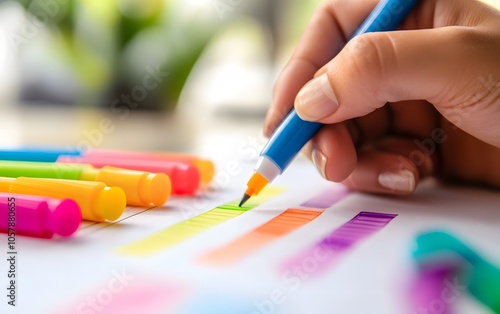 A vibrant close-up of a hand holding a blue marker, surrounded by colorful markers on a sheet of paper, perfect for creativity.