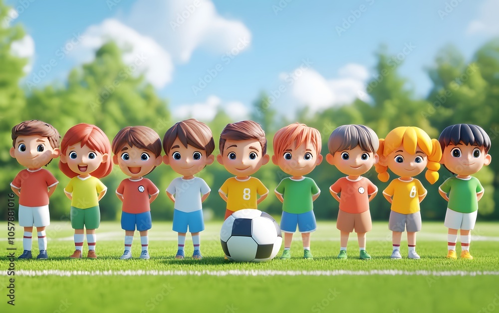 A vibrant scene of diverse children standing together on a soccer field, ready to play and enjoy teamwork. A vibrant scene of diverse children standing together on a soccer field, ready to play and enjoy teamwork.