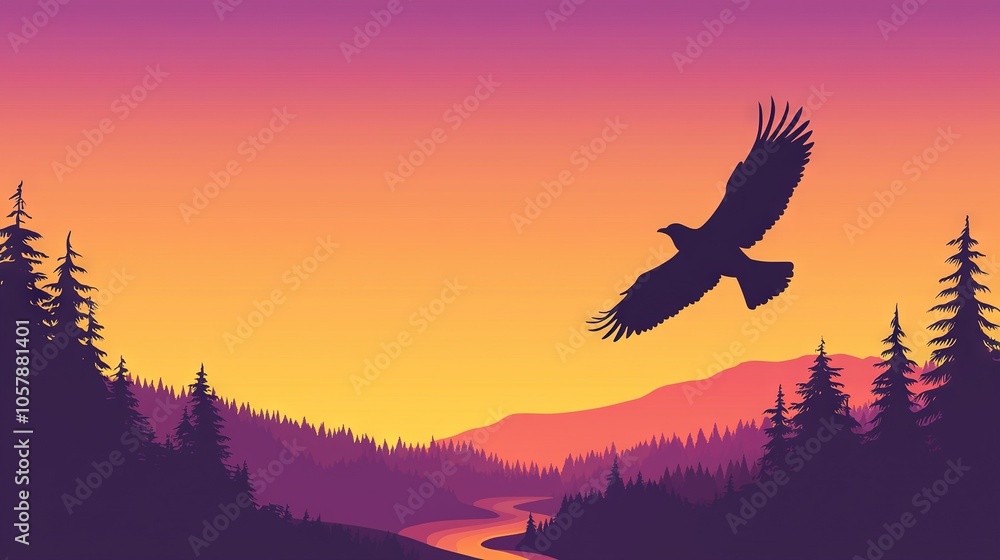 Obraz premium A bird flies above a forested river at sunset