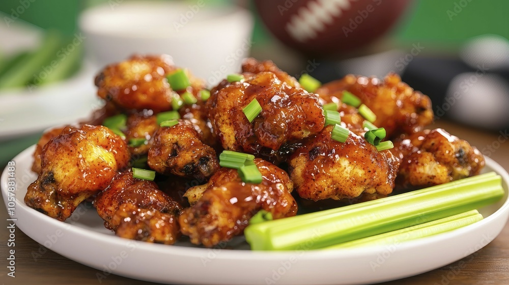 Cauliflower wings, spicy glaze and celery sticks, lively game night vibe, playful animated design. Cauliflower wings, spicy glaze and celery sticks, lively game night vibe, playful animated design.