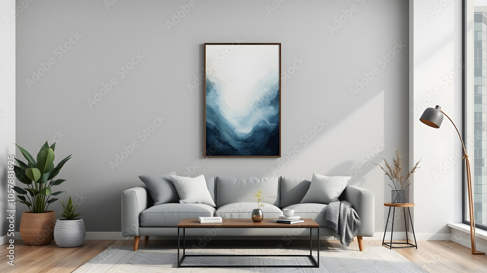 Fototapeta premium Living room interior mockup with wall poster. Generative AI