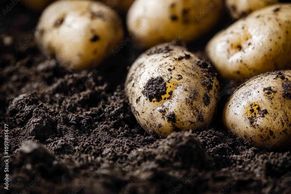 Freshly harvested potatoes resting in rich, dark soil on a sunny afternoon. Generative AI Freshly harvested potatoes resting in rich, dark soil on a sunny afternoon. Generative AI