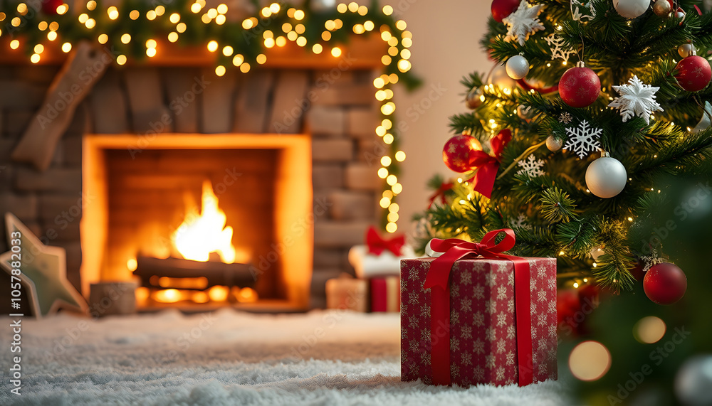 magic Christmas present at the Christmas tree and fireplace isolated with white highlights, png magic Christmas present at the Christmas tree and fireplace isolated with white highlights, png