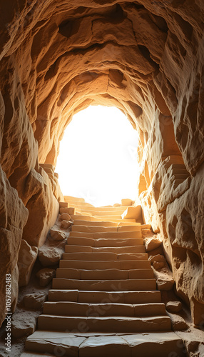 staircase in the ruins of the ancient cave city isolated with white highlights, png photo