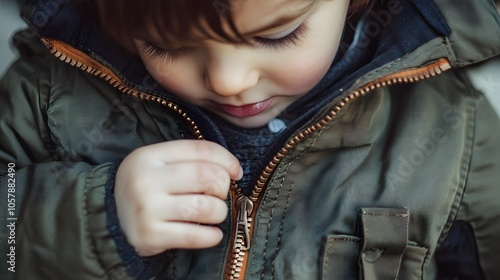 A young child zipping up a stylish jacket, showcasing warmth and comfort, perfect for seasonal themes.